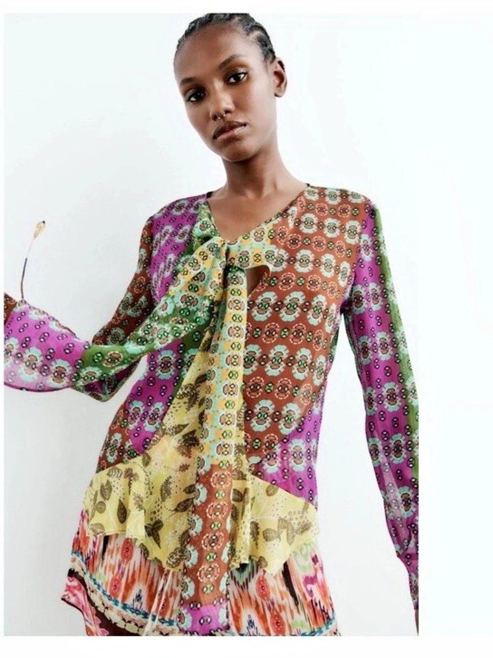 Zara Multicolor Patchwork Printed Sheer Blouse with Bead Tassels 70s Boho Medium